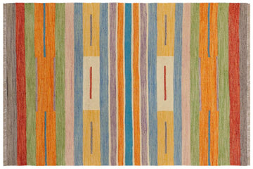 Flat Weave Kilim, Antique, Navaho, Vintage, Handmade, Modern Kilim Blue Beige Hand-Woven Rectangle 100% Wool Area Rug 4 x 6